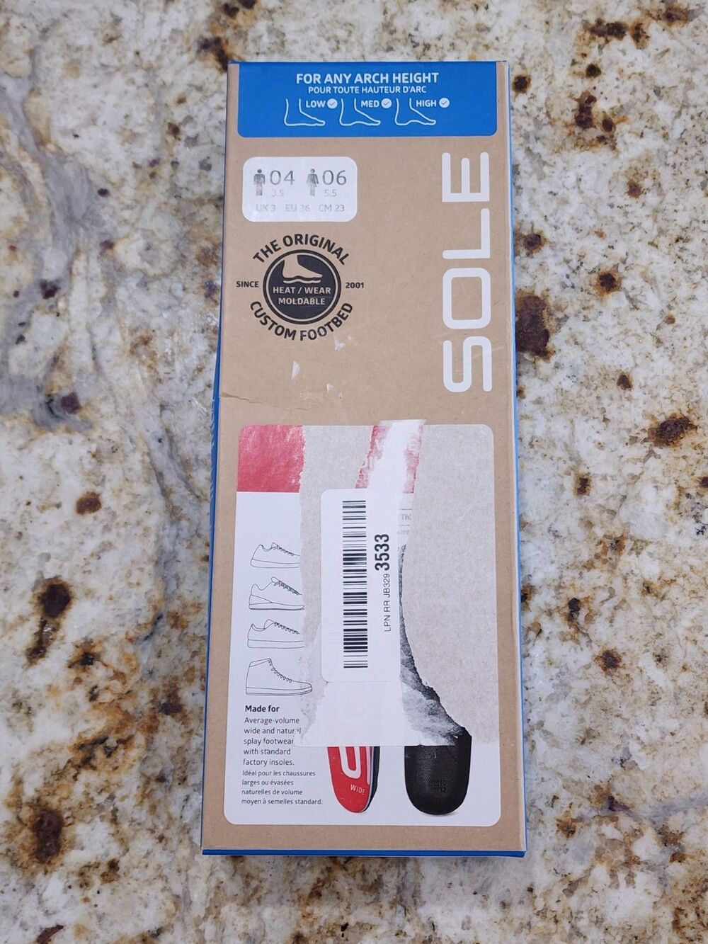 Sole Active WIDE Medium Insoles - Orthotic Arch Support Mens Sz 04 Wmn Sz 06